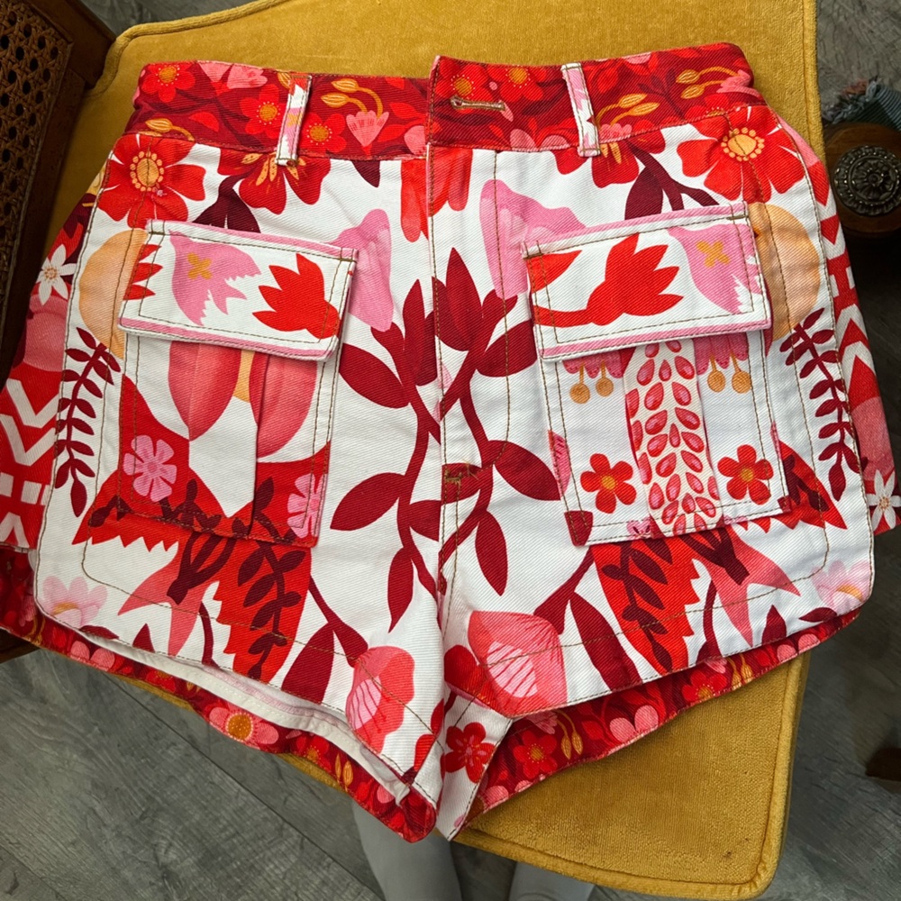 FARM Rio Red and White Cargo Shorts Vibrant Floral Design
